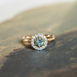 0.94ct Round Color Shifting Champagne Diamond Low Profile Diamond Halo Ring In 14k Yellow Gold