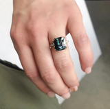 5.67ct Radiant Cut Teal Sapphire Ring with French Set Diamond Studded Band in 18k Rose Gold