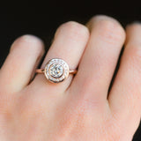 0.89 Old European Cut Diamond in Rose Gold Bezel Set Halo Evergreen on hand