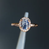 1.76ct Oval Watercolor Blue Sapphire in Halo 14k Rose Gold Evergreen Setting