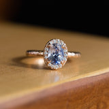 1.76ct Oval Watercolor Blue Sapphire in Halo 14k Rose Gold Evergreen Setting