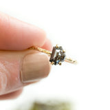 black smoky galaxy geometric rosecut diamond prong setting dainty yellow gold engagement ring