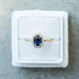 1.32ct Royal Blue Oval Sapphire Halo Ring - Evergreen Carved Band in a Satin Finish 14k Yellow Gold
