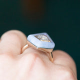 2.39 Kite Rosecut Diamond and Blue Agate Gemstone Halo Ring in Two Tone Gold angled on hand