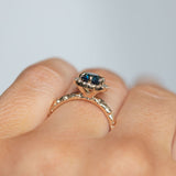 1.63ct Oval Deep Blue Unheated Sapphire and Diamond Six Prong Halo Evergreen Ring in 14k Yellow Gold