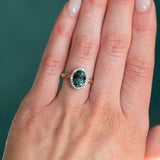 3.07ct Oval Deep Teal Green Blue Madagascar Sapphire Low Profile Six Prong Halo in Platinum and 14k Yellow Gold