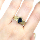 1.76ct Kite Montana Sapphire, Sleek Wide Signet in Brushed 18k Yellow Gold on hand