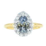 1.39ct Pear Parti Montana Sapphire and Scalloped Diamond Halo Ring In Two Tone Gold