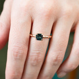 0.90ct Australian Square Cut Sapphire Evergreen Solitaire in 14k Rose Gold on hand