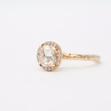 Rosecut Moissanite in Yellow Gold Diamond Halo - Hand Carved Eclectic Band and Antique-inspired setting - Rosecut Engagement Ring by Anueva Jewelry