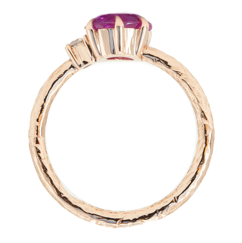 1.61ct Oval Neon Pink Sapphire and Diamond Asymmetrical Ring in 14k Rose Gold profile