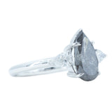 2.10ct Pear Deep Grey Salt And Pepper Diamond Three Stone Ring with White Diamond Sides in 14k White Gold