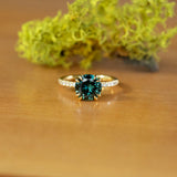 2.76ct Round Teal Nigerian Sapphire Double Prong Solitaire with Diamonds in 18k Yellow Gold