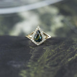 1.33ct Kite Australian Parti Sapphire in Split Shank Diamond Halo in 14k Yellow Gold