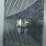 2.87ct Emerald Cut Parti Sapphire Three Stone Ring with Baguette Diamonds in Two Tone Gold