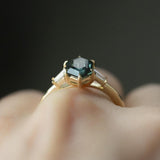 1.51ct Elongated Hexagon Montana Sapphire And Tapered Baguette Diamond Ring in 14k Yellow Gold