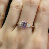 1.78ct GIA Cushion Pink Bicolor Sapphire With Diamond Clusters in 14k Rose Gold on hand