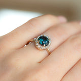 1.99ct Round Montana Sapphire in Low Profile Oval-Esque Tapered Diamond Halo, 14k Yellow Gold