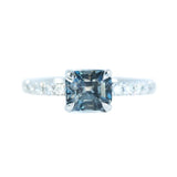 1.52ct Radiant Cut Grey Blue Spinel Ring with French Set Diamond Band in 14k White Gold