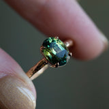 3.07ct Oval Green Parti Sapphire Low Profile 4 Prong Solitaire in 14k Rose Gold