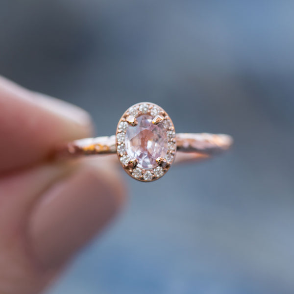 Pink Sapphire and Diamond Engagement Ring in Hand Carved Recycled Rose Gold Earthy Setting - Sapphire Engagement Ring by Anueva Jewelry