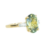 4.21ct Oval Parti Sapphire and Tapered Baguette Diamond Ring in 18k Yellow Gold side view