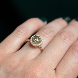 1.85ct GIA Crown Jubilee® Diamond Six Prong Halo Ring in 14k Yellow Gold on hand