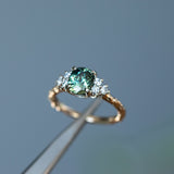 1.55ct Fancy Cushion Cut Montana Sapphire and Diamond Cluster Ring in Two Tone 14k White and 14k Yellow Gold