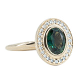 1.72ct Teal Color Change Sapphire Bezel Set Diamond Halo in 14k Yellow Gold