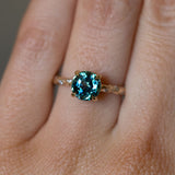 2.09ct Teal Madagascar Parti Sapphire in 14k Yellow Gold Low Profile Evergreen Solitaire with Embedded Diamonds