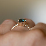 2.09ct Teal Madagascar Parti Sapphire in 14k Yellow Gold Low Profile Evergreen Solitaire with Embedded Diamonds