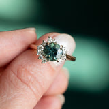 1.94ct Teal Galaxy Sapphire and Asymmetrical Diamond Cluster Ring in Two Tone 14k White and 14k Yellow Gold