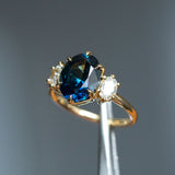 4.05ct Blue Oval Sapphire and Diamond Low Profile Antique Style Three Stone Ring in 18k Yellow Gold
