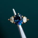 4.05ct Blue Oval Sapphire and Diamond Low Profile Antique Style Three Stone Ring in 18k Yellow Gold