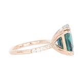 5.67ct Radiant Cut Teal Sapphire Ring with French Set Diamond Studded Band in 18k Rose Gold