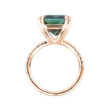 5.67ct Radiant Cut Teal Sapphire Ring with French Set Diamond Studded Band in 18k Rose Gold