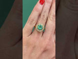 0.94ct Round Neon Green Emerald With Bezel Set Diamond Halo In 18k Yellow Gold