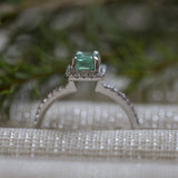 Emerald Engagement Ring - Platinum Teal Diamond Emerald Ring - Petite Engagement Ring Size 4.5 - Antique Inspired Jewelry by Anueva Jewelry