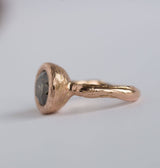 Hand Carved rose gold green big diamond bezel set three carat ring by Anueva Jewelry