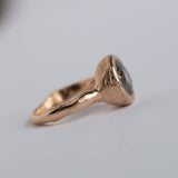 Hand Carved rose gold green big diamond bezel set three carat ring by Anueva Jewelry