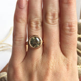 Hand Carved rose gold green big diamond bezel set three carat ring by Anueva Jewelry