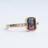 watermelon pink and black ombre tourmaline yellow gold gemstone bezel set diamond ring