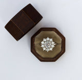 antique style transitional cut grey halo custer antique diamond right hand ring