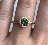 evergreen sapphire halo recycled gold engagement ring