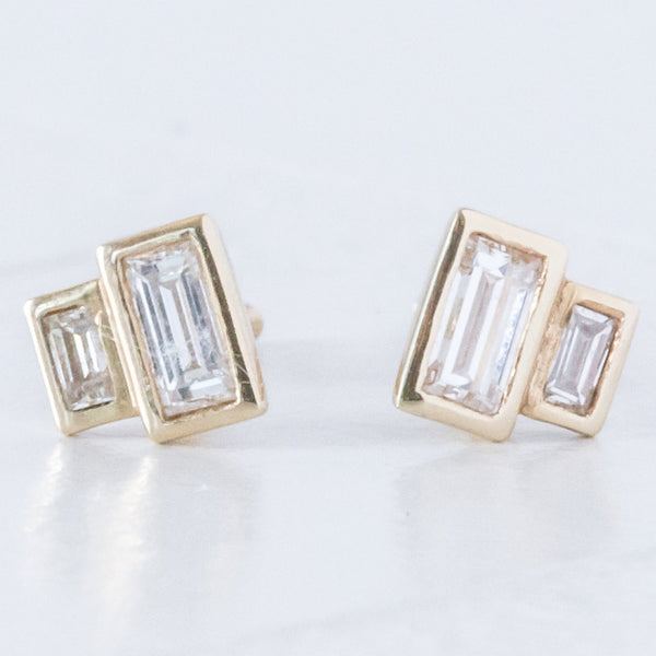 Baguette diamond earrings - geometric recycled diamond earrings - modern diamond studs - minimalist- Reclaimed diamonds by Anueva Jewelry