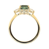 2.11ct Oval Color Shifting Madagascar Sapphire and Diamond Three Stone Ring in 14k Yellow Gold profile