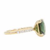 4.52ct Forest Green Radiant Cut Sapphire Double Claw Prong Solitaire with Diamonds in 14k Yellow Gold side view