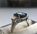4.41ct Teal Crown Jubilee® Cut Cushion Sapphire and Diamond Three Stone Ring