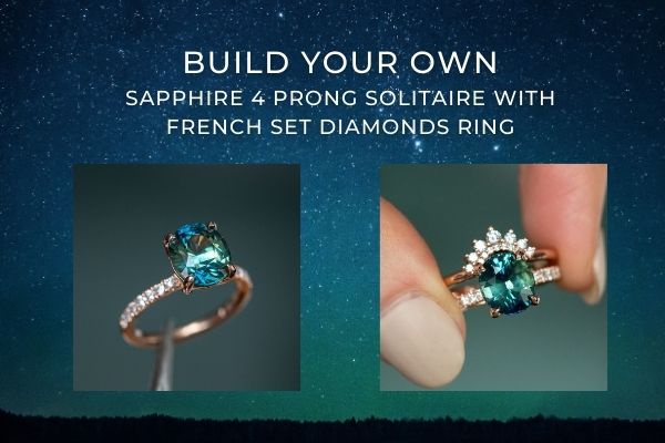 Custom sapphire and diamond 4 prong french diamond set solitaire ring in yellow gold rose gold white gold platinum
