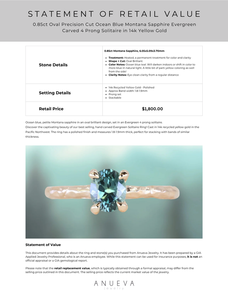 0.85ct Oval Precision Cut Ocean Blue Montana Sapphire Evergreen Carved 4 Prong Solitaire in 14k Yellow Gold
